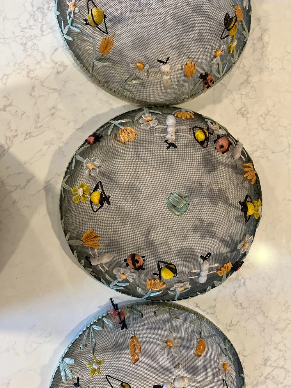 Vintage Embroidered Mesh Food Covers - Floral, Bee, Ant & Ladybug Accents, 3